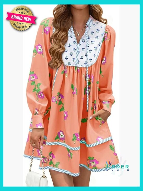 Dresses & Skirts - Floral Boho Babydoll Mini Dress V Neck Flowy Short Shift Long Sleeve Patchwork